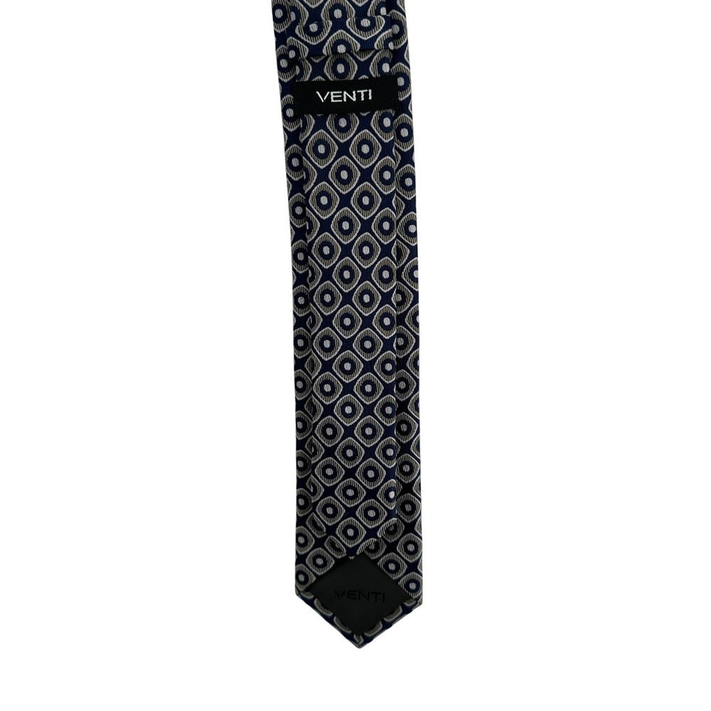 Venti Men Silk Necktie Navy Blue Grey Geometric Medallion Skinny Tie 60x2.5